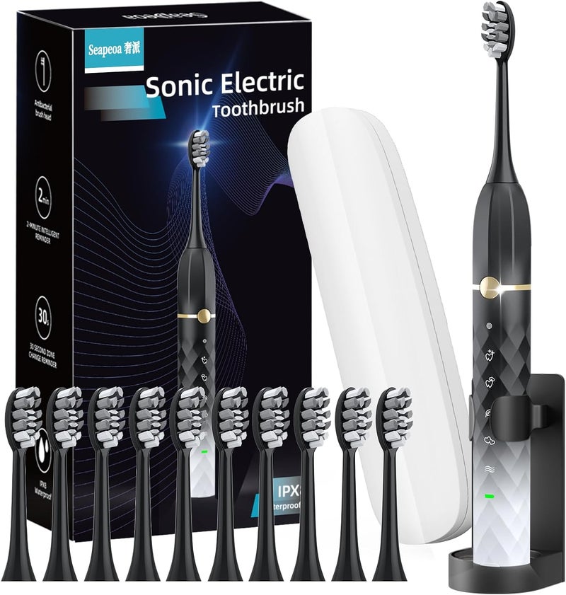 Seapeoa Electric Toothbrush Set, Equipped with 10 Brush Heads and Travel case, IPX8 Waterproof, 2-Minute Timer, 42000 high-Frequency Vibrations, 5 Modes, The First Choice for Gift Giving - Image 1